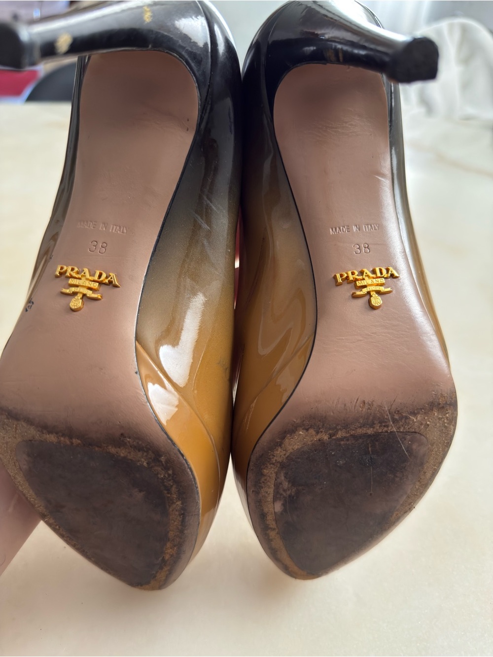 PRADA Milano Ombre Nude Tan Brown Gradient Patent Leather High Heels EU 38 - Picture 14 of 14